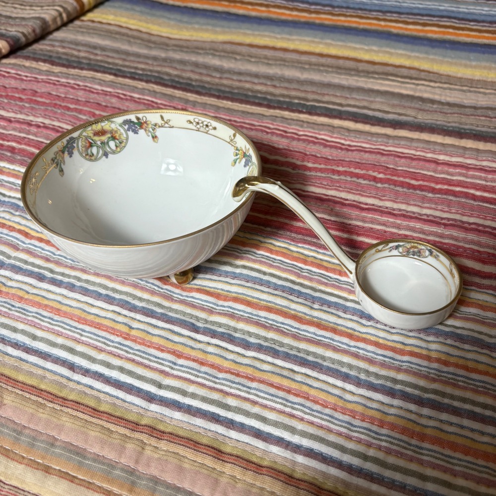 Antique Nippon Hand Painted Porcelain Footed Mayonnaise Bowl and Ladle Set Gold